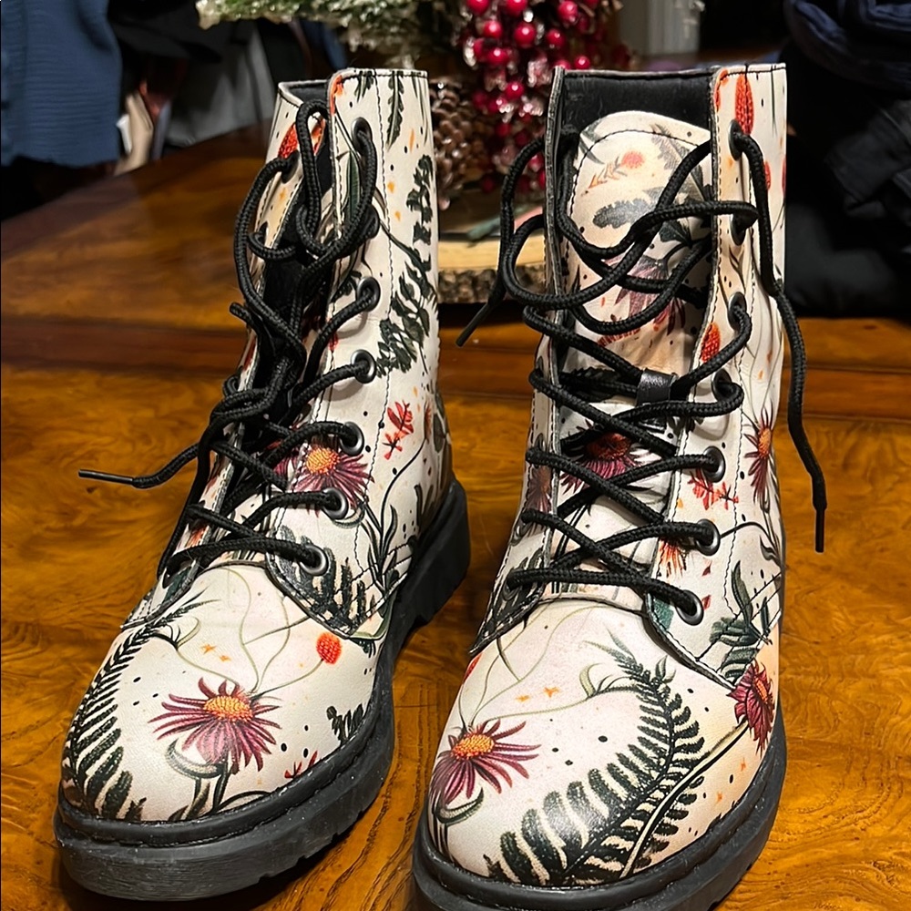 Cream and Black Lace Up Boots with Floral Design